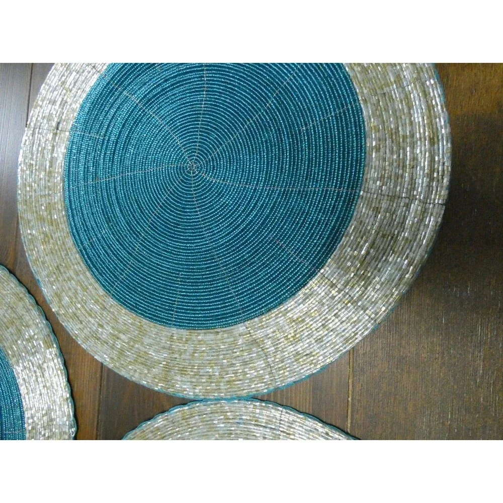 Handmade Heavily Beaded Charger Round Placemats Silver & Teal 13